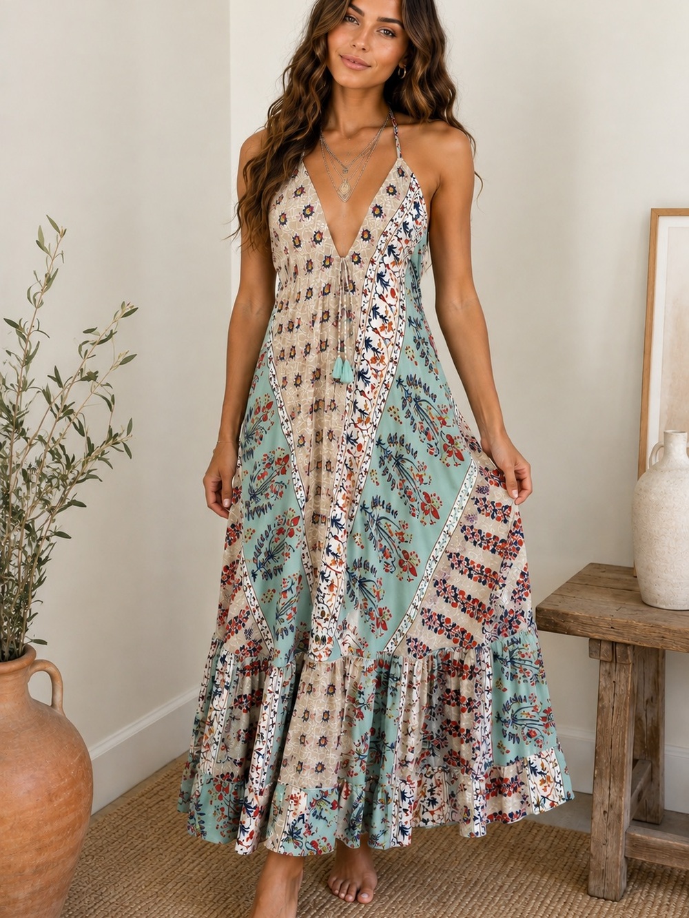 Karma Highway |Boho Patchwork Maxi Dress in Sage Floral